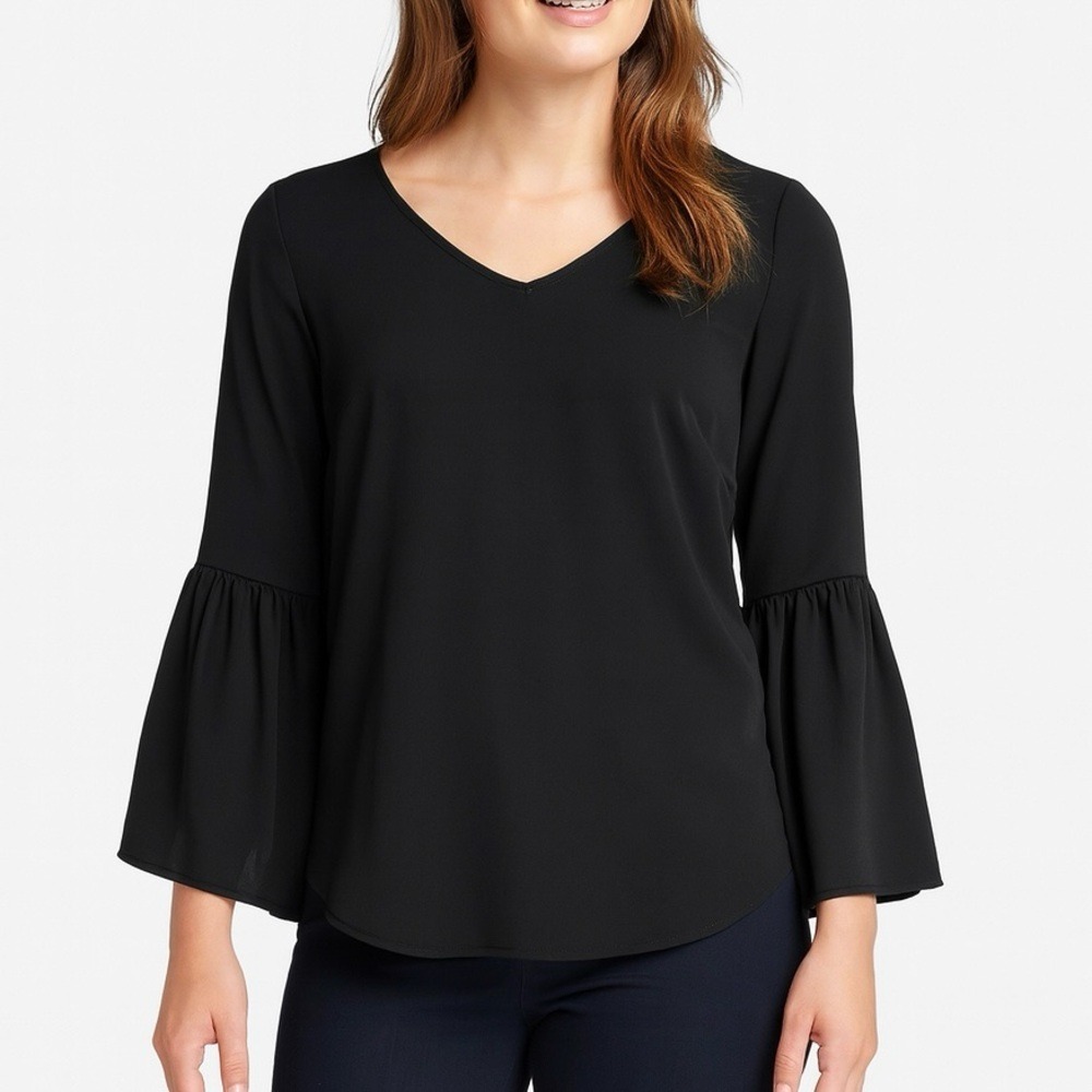 NY Collection Petite Black Bell Sleeve Blouse SP Vneck Witchy Minimalist Flowy